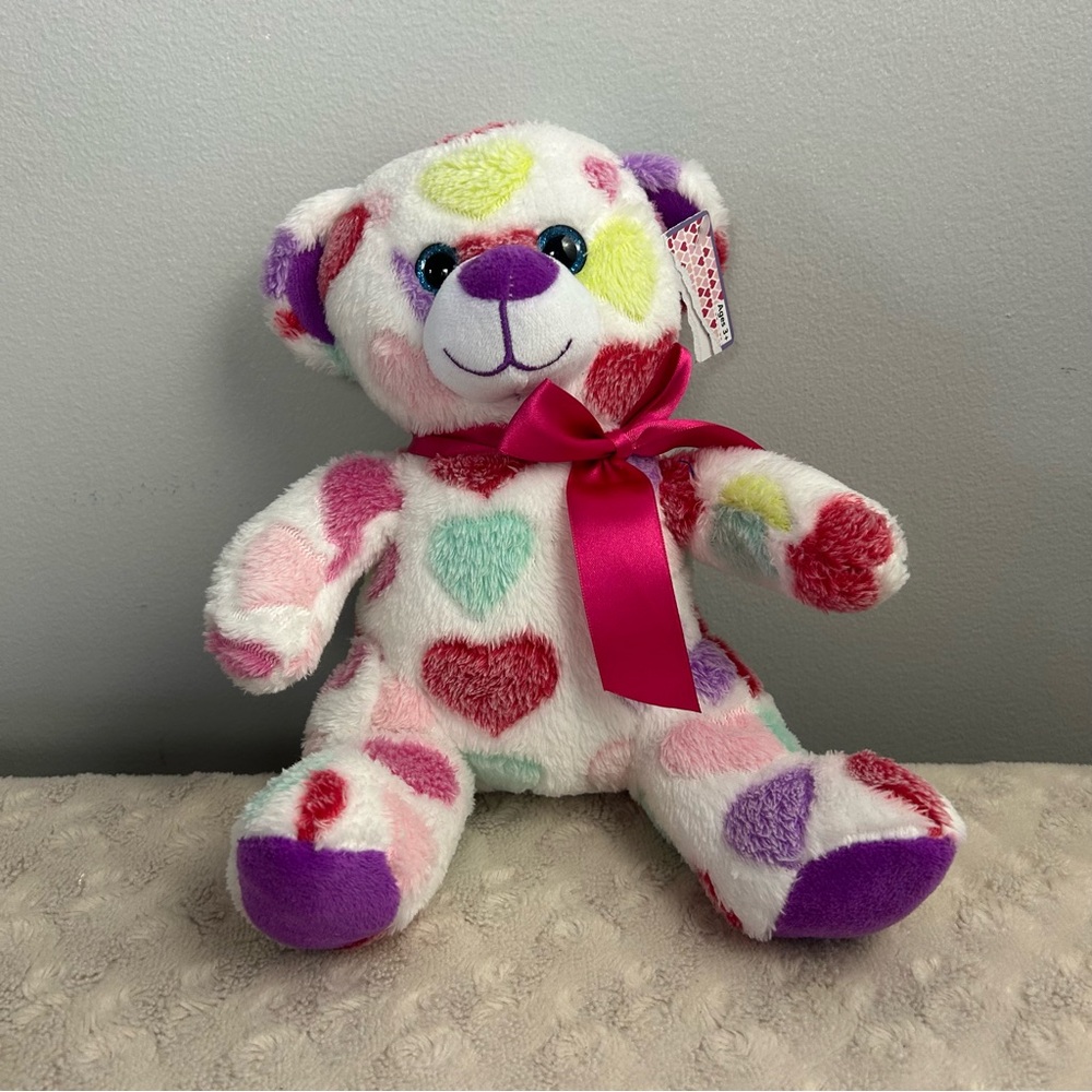 Grocery Outlet Teddy Bear Plush Stuffed Animal Pink Bow Purple Heart White Green